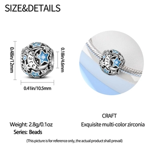März-Geburtsstein-Charm-Detail mit Maßen 12mm x 10,5mm, blauem Zirkonia, Stern und Mond