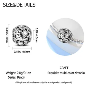 Silver birthstone bead charm with hollow star and moon design and April engraving