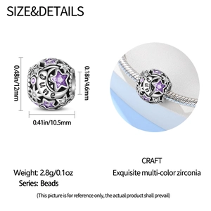Detailansicht der Mond-Stern-Perle mit Juni-Gravur und lila Zirkon auf Silberarmband