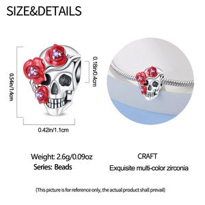 Zilveren schedelkraal met rode rozen en paarse zirkonia voor DIY-bedelarmbanden