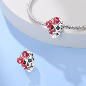 Zilveren schedelkraal met rode rozen en paarse edelstenen voor DIY-armbanden