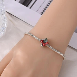 Detail van zilveren slangenarmband met rode emaille roos om de pols gedragen