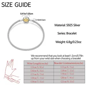 Size guide for silver crown charm bracelet with wrist measurement instructions and chart