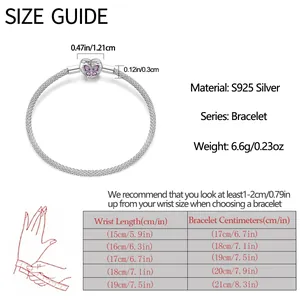 Size chart for silver bracelet showing measurements in cm and inches for wrist fitting