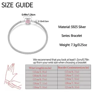 Size guide for S925 silver bracelet showing charm dimensions and wrist measurements