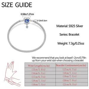 Sizing guide for S925 silver charm bracelet with wrist measurement chart and product specs