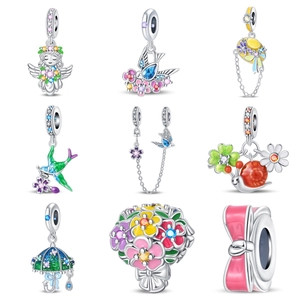 Silver Plated Enamel Flower Animal DIY Charm Bead For Bracelet Making Rhinestone Angel Swallow Snail Umbrella Bowknot Jewelry
