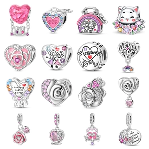Versilberte Kupfer Herz Rose Charm Perlen Für DIY Armband Rosa Emaille Strass BFF Schwester Freundin Schmuckzubehör