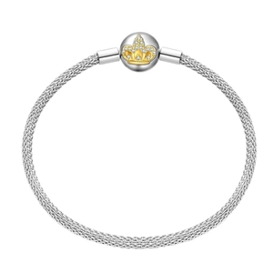 Silver woven mesh bracelet featuring a gold crown clasp with white cubic zirconia stones