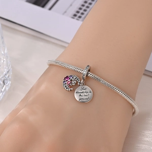 Detail eines silbernen Charm-Armbands mit Herz-Mond-Anhänger und Freundschaftsgravur