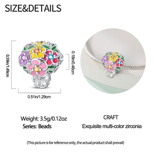 Detailed dimensions of floral bead charm with colorful zirconia and silver plating