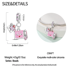 Macro detail of pink enamel post mailbox charm with precise dimensions and CZ stones