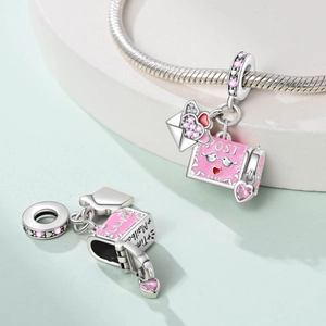 Silver camera mailbox heart charm with pink enamel and zircons for DIY bracelets