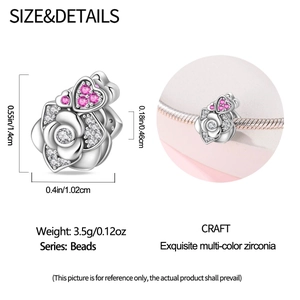 Detailansicht der silbernen Rosenperle mit rosa Herzzirkon und Maßen für Pandora-Stil-Armband