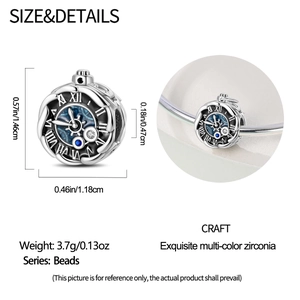 Detail view of silver pocket watch charm with blue zirconia and specific dimensions