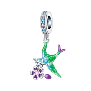 Exquisite silver bird charm with blue enamel details and purple flower for DIY bracelets