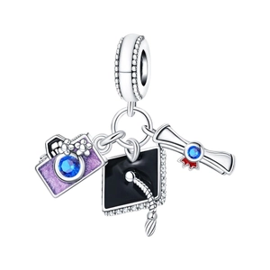 Silver graduation charm with camera, mortarboard cap, and diploma on a white background