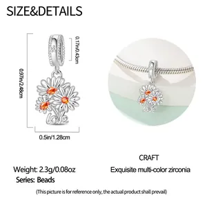 Detailed size chart showing daisy charm dimensions with orange zirconia and love engraving