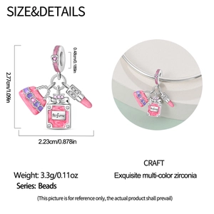 Detail showing dimensions and weight of a silver handbag and perfume bottle bead charm