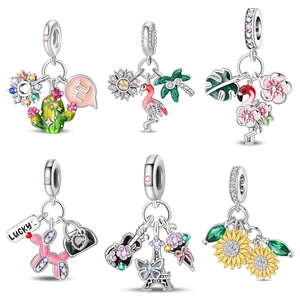 Silver Plated Alloy Enamel Flamingo Sunflower Charms For DIY Bracelet Necklace Colorful Rhinestone Drip Oil Pendant Jewelry Accessories
