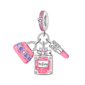 Detailed charm featuring a silver perfume bottle, pink lipstick and handbag pendants