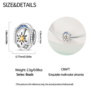 Detaillierte Größe der Sonnen- und Mond-Charm-Perle aus Silber mit bunten Zirkonias