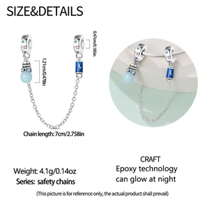 Glow in the dark silver safety chain with blue charms and star patterns for bead bracelets