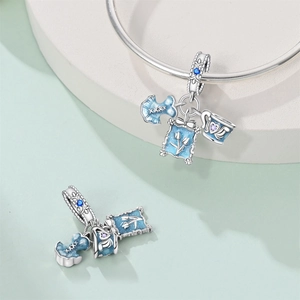 Baroque silver plated charm beads with blue enamel and tulip patterns for DIY bracelets