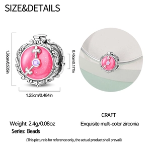 Size details of clock charm with pink glitter and purple zirconia inlay on silver metal