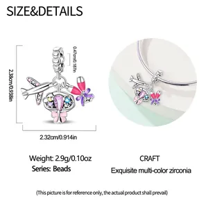 Size specifications for travel-themed silver charm with cocktail and airplane charms