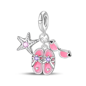Set di ciondoli con stella marina rosa, infradito e occhiali da sole a cuore su anello argento