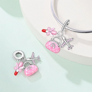 Detailed charms of silver lipstick, handbag and airplane for DIY travel bracelets