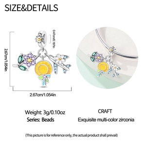 Detailed dimensions of silver cocktail charm with zircon flower and straw hat design