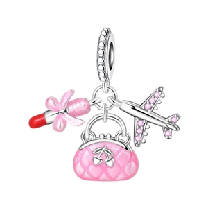 Pendaglio in argento con borsa rosa, rossetto e aereo per creazioni di gioielli DIY