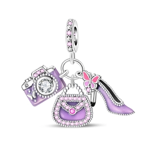 Detailed charm set featuring purple vintage camera, handbag, and high heel with zircon stones