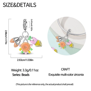 Detailed view of silver charm bead with pink rabbit and enamel pendants showing dimensions