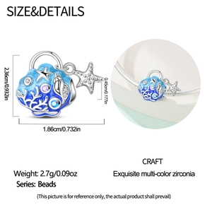 Macro view of ocean seashell charm with blue enamel and zircon details and dimensions