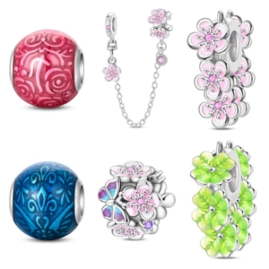Ciondolo in Argento Sterling 925 Smalto Farfalla Fiore Perle Catena di Sicurezza Stopper Per Braccialetti DIY Gioielli Donna