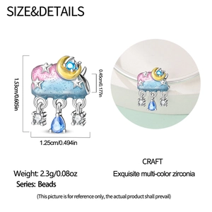 Detailed view of dreamy star cloud charm bead with size dimensions and zircons