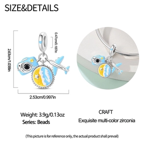 Macro detail of silver beach charms featuring a camera and plane with size specs