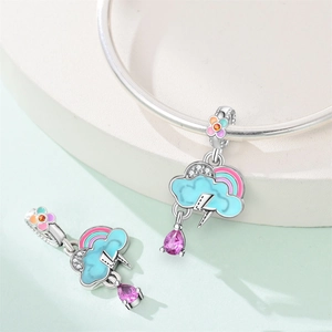 Cloud rainbow charm with silver lightning and pink crystal drop for DIY bracelets