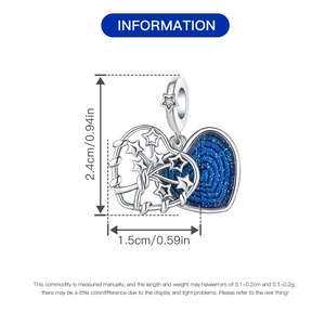 Especificaciones de tamaño detalladas para el colgante de corazón azul y estrella plata