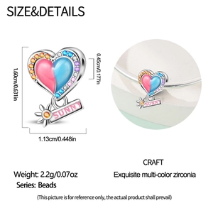 Macro detail of heart charm with colorful zircon stones and Sunny brand tag pendant