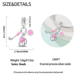 Detailed size chart for silver golf charm featuring pink enamel and dimensions