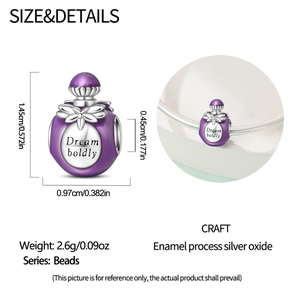 Detailed size specifications of silver perfume bottle charm with purple enamel finish