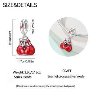 Macro view of silver-plated red enamel lucky bag charm with dimensions and bow detail