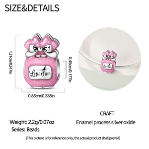 Detail of pink enamel perfume bottle bead showing exact dimensions and jewelry textures