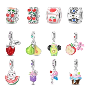 Versilberte Frucht Charm Perle Avocado Erdbeere Apfel Emaille Strass Anhänger Für DIY Armband Schmuckherstellung Damen