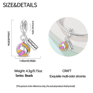 Detailed view of silver volleyball charm with heart zircon and engraved tag for DIY bracelet