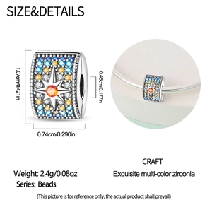 Detailed view of silver charm with multi-color zirconia and size measurement specs